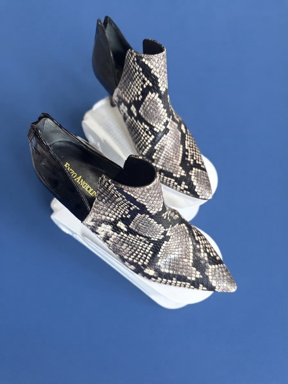 Enzo Angiolini Pointed Snake-Print Ankle Boot in Black and Beige